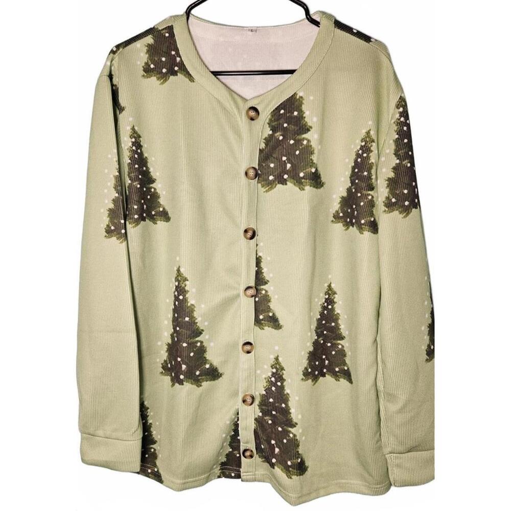 Christmas‎ Tree Print Button-Up Ribbed Lightweight Light Green Cardigan/Shirt L